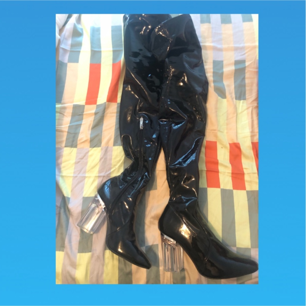 Patent leather thigh high boots